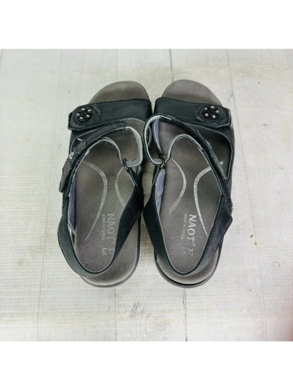 Naot VINEYARD Black Leather Rhinestone Slingback Wedge Heel Sandal Sz 37 US 6.5